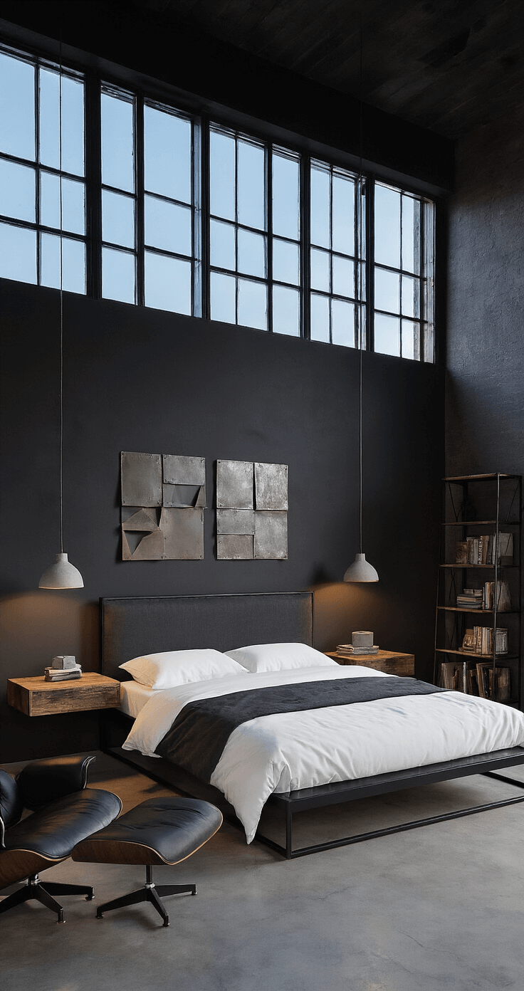 Dark Bedroom Elegance: Creating a Contemporary Oasis A sleek contemporary industrial bedroom featuring a king-size bed with a black steel frame, deep matte black walls, polished concrete floors, and early evening light filtering through metal-framed windows. The room includes distressed wood floating shelves as nightstands with minimalist concrete lamps, geometric metal wall art above the bed, a black leather Eames lounge chair, an industrial bookshelf, crisp white linens with a chunky gray throw, and a soft charcoal and white area rug.