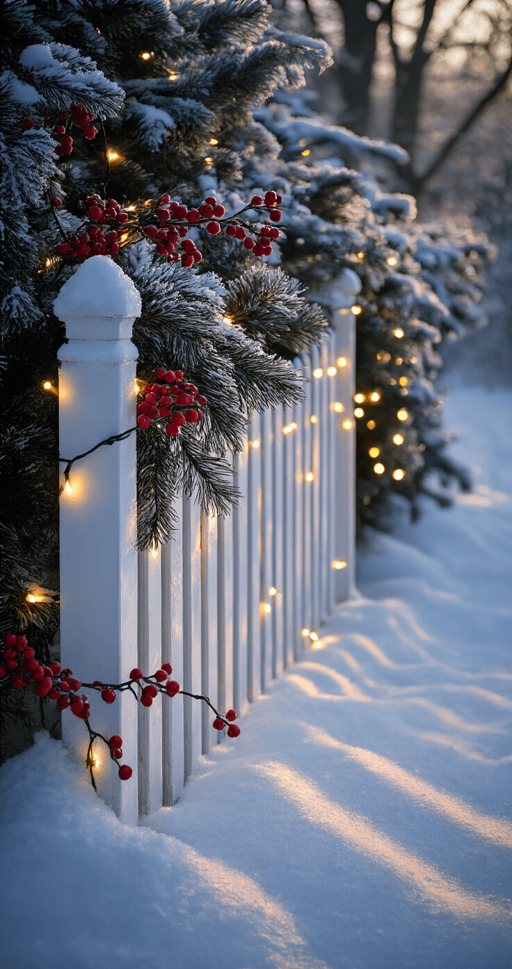 Cottage Garden Fence: Your Ultimate Guide to Creating Enchanting Outdoor Boundaries A snowy morning scene featuring a white picket fence adorned with twinkle lights and frosted evergreen garland, complemented by red berry branches peeking through the slats. The image captures long shadows on the snow at sunrise, highlighting the clean lines in a magical winter wonderland atmosphere.