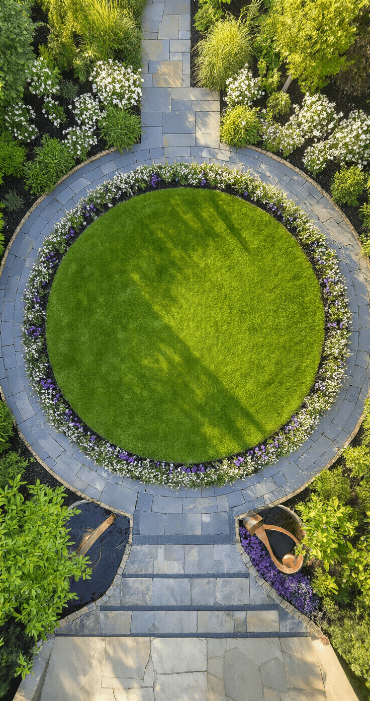 Aerial view of a meticulously landscaped 30'x40' garden at golden hour, featuring a circular 20' lawn bordered by charcoal granite pavers, surrounded by white and purple flowers, with a curved copper water feature at the northwestern edge. Long shadows stretch across the manicured grass, highlighting the geometric design softened by cottage-style plantings.