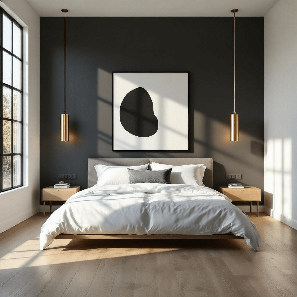 A spacious modern minimalist bedroom featuring a matte charcoal accent wall, low-profile platform bed with white linens, and brass sconces, illuminated by golden morning sunlight streaming through floor-to-ceiling windows, casting geometric shadows on white oak flooring.