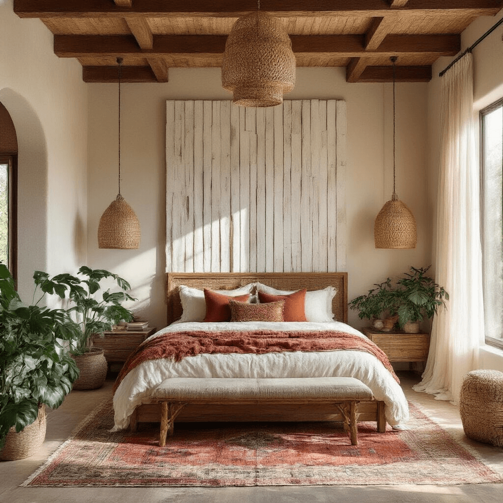 A Bohemian luxury master suite bathed in golden hour light, featuring exposed wooden beams, a textured vertical white oak accent wall, a carved wooden bed with layered cream and rust linens, vintage Moroccan rugs, potted monstera plants, and rattan pendant lights casting intricate shadows.