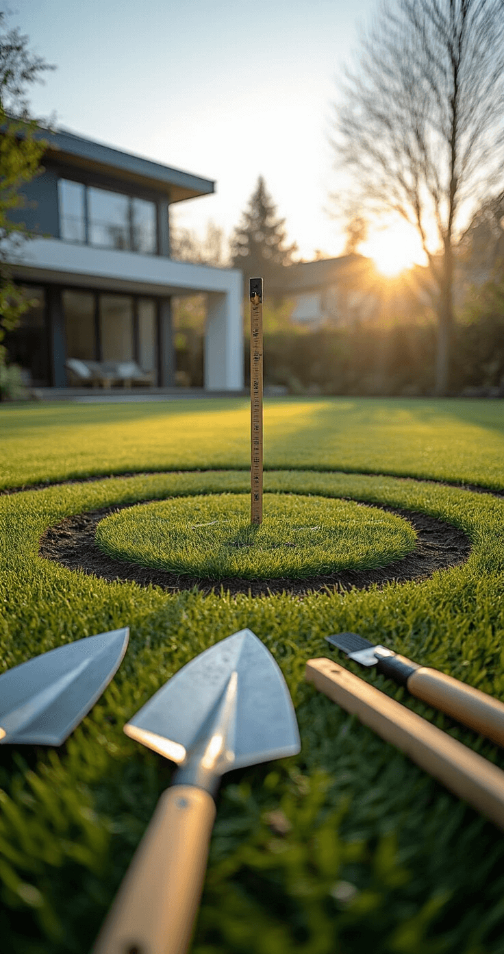 Ground-level view of a circular lawn installation site with measuring string and spray-painted markings in early morning light, featuring tools like a steel spade and measuring tape in the foreground, and a blurred contemporary house facade in the background.