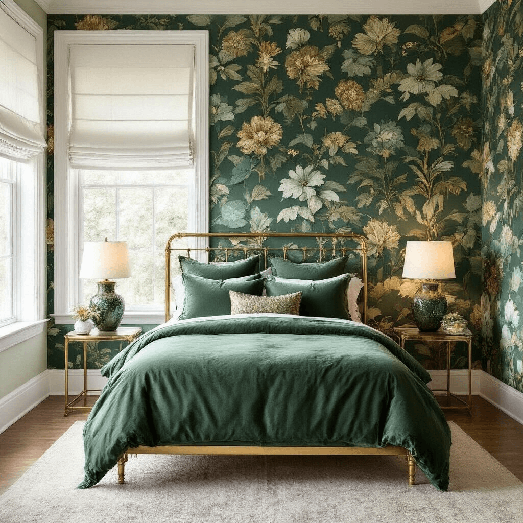 A stylish bedroom featuring a deep emerald and gold botanical wallpaper accent wall, with a brass-framed queen bed dressed in sage green velvet bedding, and sculptural ceramic lamps on brass side tables, all lit by soft, diffused sunlight through white roman shades.