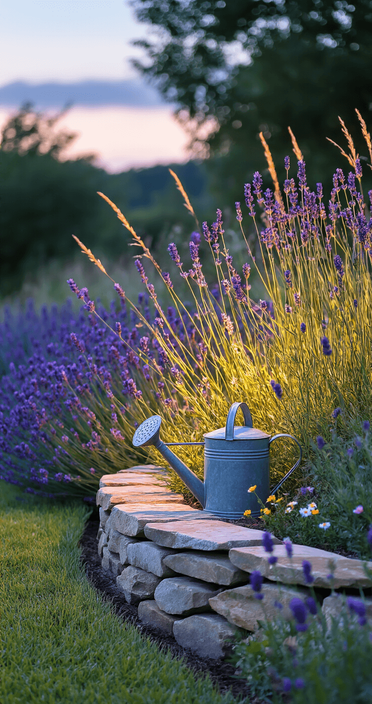 Intimate dusk shot of a circular lawn border featuring weathered sage green stone edging, cascading English lavender, and wildflowers, with a vintage zinc watering can among the blooms, all softly illuminated by warm evening light filtering through tall grasses.