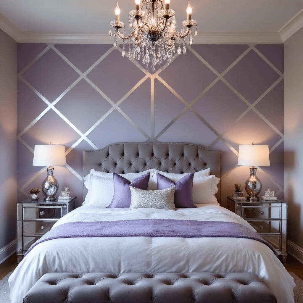 Intimate lavender bedroom at dusk, featuring a hand-painted geometric accent wall, tufted gray velvet headboard, white silk bedding with lavender throws, mirrored nightstands, and dimmed crystal chandelier.
