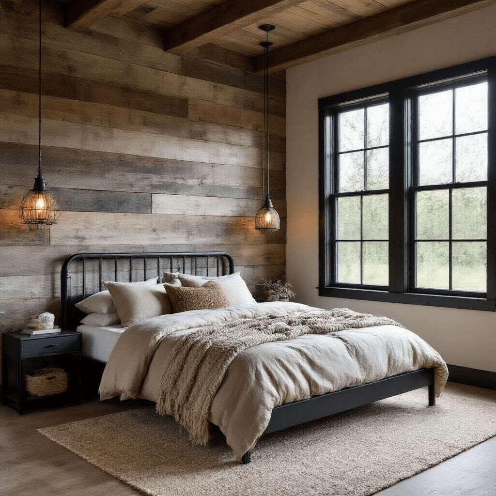 A cozy bedroom featuring a reclaimed barn wood accent wall in gray and brown, a black metal platform bed with beige linen bedding, and industrial pendant lights, all illuminated by warm, slanting sunlight through black-framed windows.