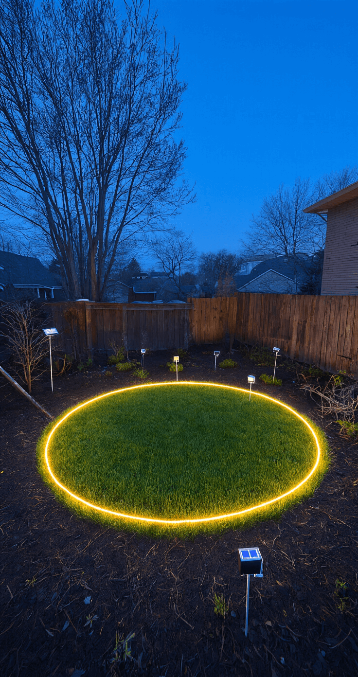 Twilight image of a budget-friendly circular lawn transformation featuring an 18' diameter grass circle outlined with rope lights, solar garden stakes indicating planting zones, and a cool blue evening light contrasting with warm lighting elements, photographed from an elevated angle.