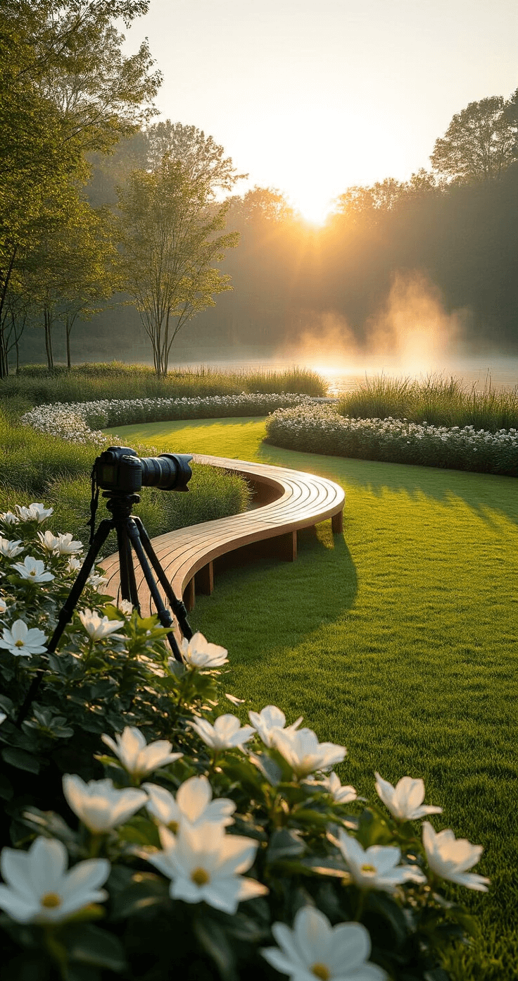 A professional camera on a tripod frames a 25' diameter circular lawn installation in the early morning light, with dewy grass and a curved teak bench surrounded by white flowering dogwoods, while mist rises from a nearby water feature.