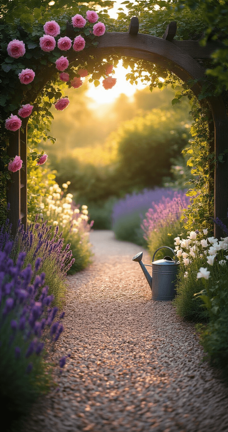 A dreamy cottage garden entrance at golden hour, featuring a weathered wooden arbor draped with climbing pink roses and purple clematis, a curved gravel path lined with lavender and white foxgloves, and a vintage zinc watering can among scattered viola flowers, all softly blurred in an ethereal bokeh effect.
