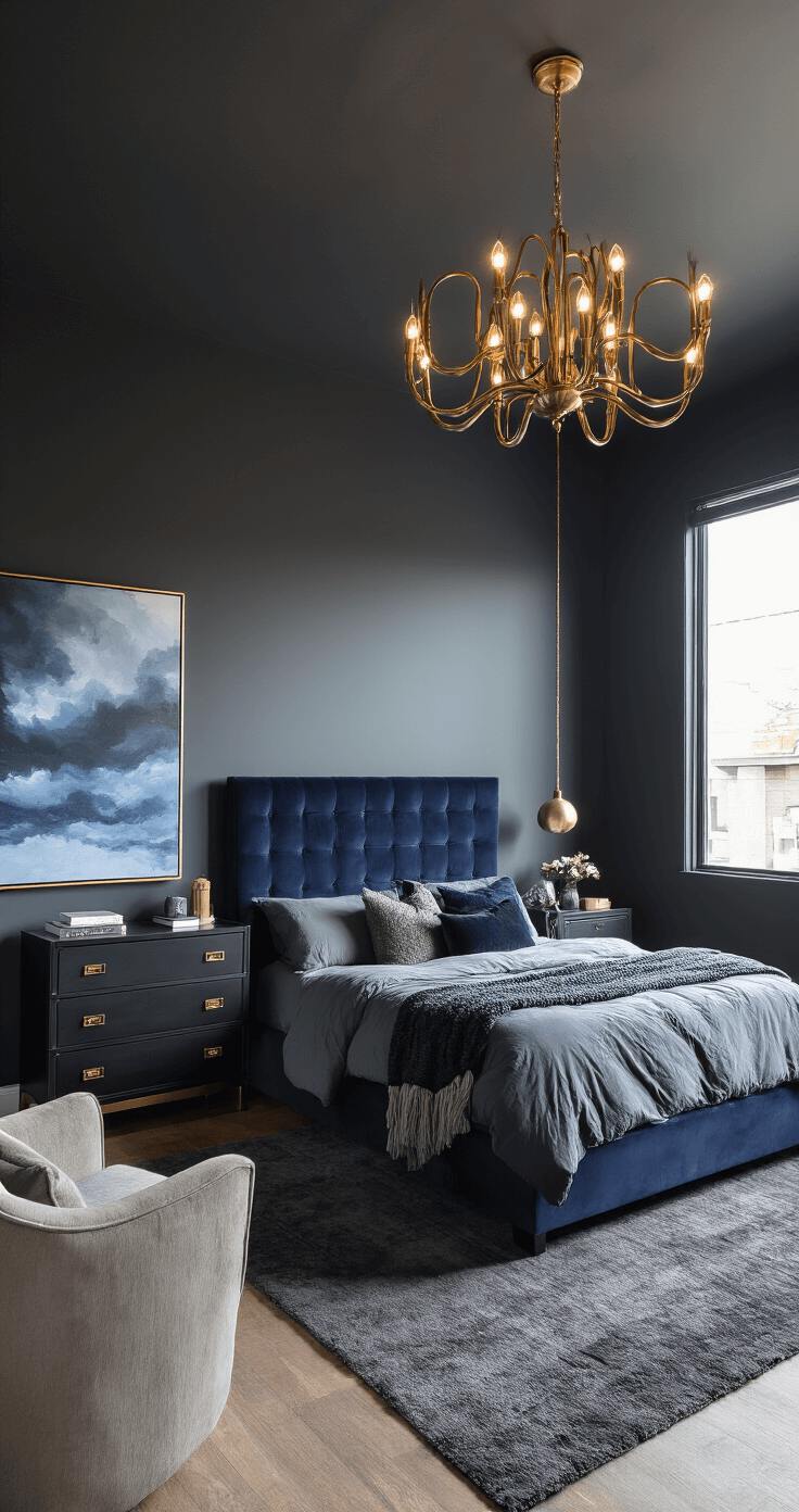 A modern bedroom featuring a king-size platform bed with a deep navy velvet headboard, surrounded by layers of black sheets and a gray duvet, set against matte charcoal walls and a warm-brass chandelier, with a sleek black dresser and abstract art, all under soft evening light.