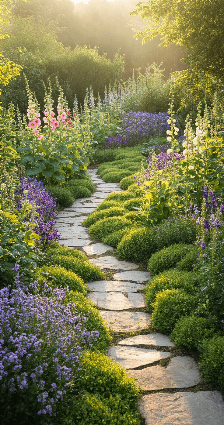 Wide-angle morning view of a layered cottage garden with 6ft hollyhocks and delphiniums in the back, mid-height phlox and salvias in the middle, and a creeping thyme carpet in front, highlighted by glistening dewdrops and early light, with a winding stone pathway enhancing depth and dimension.