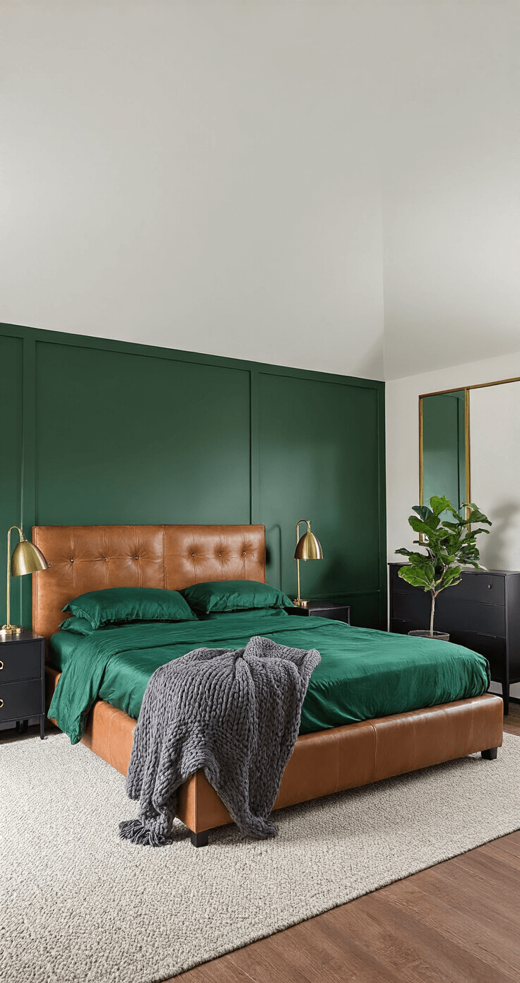 A cozy 12x12 ft windowless bedroom with dark green walls and ceiling, featuring a queen-size bed with a tufted cognac leather headboard, luxury emerald silk sheets, and a chunky charcoal throw. Matte black nightstands with brass lamps flank the bed, while a large brass-framed mirror expands the space. A fiddle leaf fig tree adds greenery, all captured in warm golden light and dark shadows for a cocoon-like atmosphere.