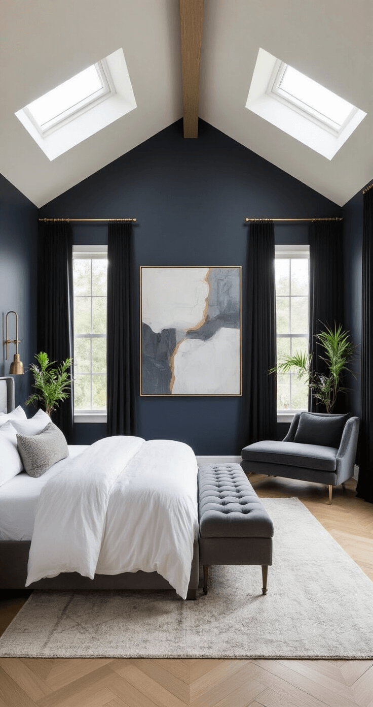 Chic master bedroom with vaulted ceilings, large windows draped in sheer black curtains, deep navy walls, light oak herringbone floors, a California king bed with crisp white linens, a massive abstract painting, sleek brass sconces, and a modern charcoal velvet chaise lounge beneath a skylight. Potted dark green plants enhance the inviting atmosphere with soft morning light filtering through.