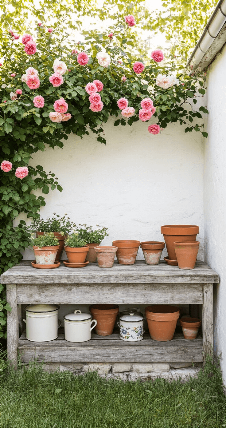 A rustic potting bench made of weathered cedar is set against a white-washed wall, adorned with terracotta pots and vintage enamelware, illuminated by soft afternoon light. Climbing 'Gertrude Jekyll' roses frame the scene overhead, while a shallow depth of field blurs the surrounding garden, highlighting the bench's textures and details.