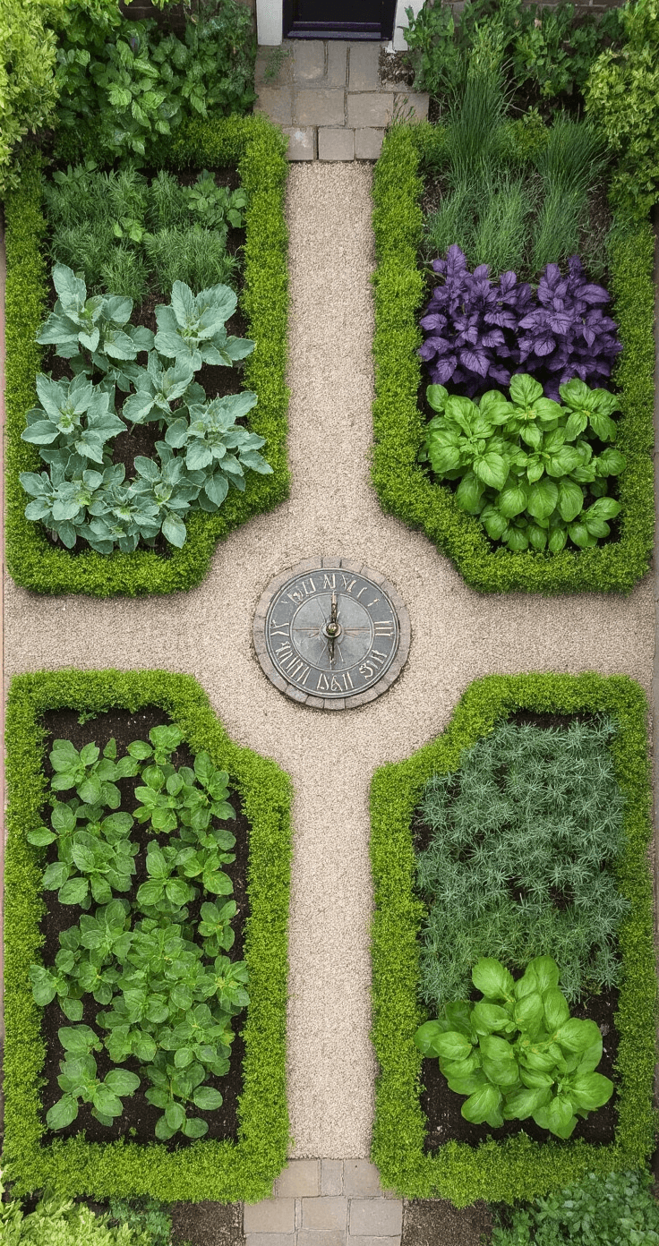 Bird's eye view of a 12x12ft formal herb garden divided into quadrants by gravel paths, featuring dense plantings of silvery sage, purple basil, feathery dill, and creeping thyme, with a central sundial, showcasing a geometric pattern.