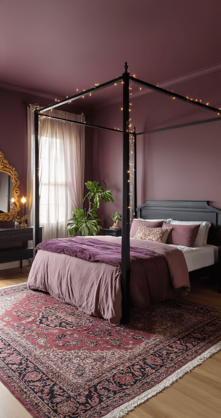 A stylish guest bedroom featuring a queen-size canopy bed with a matte black frame, dressed in aubergine and dusty rose linens, against rich plum walls. The space is illuminated by warm late afternoon sunlight, with sheer lavender curtains and a vintage Persian rug. A dark wood vanity with an ornate gold mirror and twinkling fairy lights add charm, while a large monstera plant brings a tropical touch.