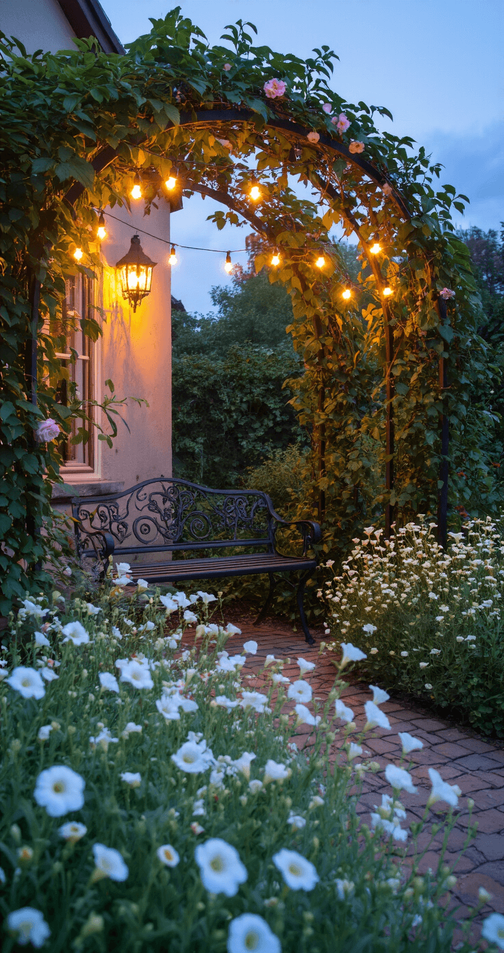 Twilight cottage garden seating nook featuring a wrought iron bench in a curved alcove of raspberry canes and climbing roses, illuminated by bistro lights, with white nicotiana and evening primrose in the foreground glowing softly in the fading light.