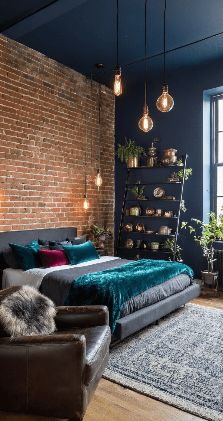 An eclectic loft bedroom featuring exposed brick walls, midnight blue-painted non-brick areas, and a low-profile platform bed with jewel-toned pillows, surrounded by industrial pendant lights, a distressed leather armchair, and a modern ladder shelf, all captured from a high angle to emphasize the room's vertical elements and moody atmosphere.