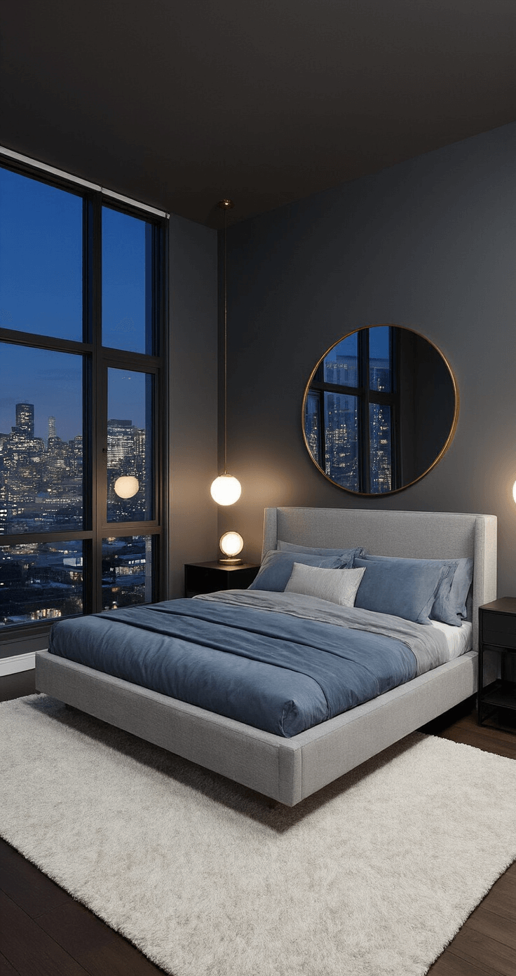 A serene bedroom featuring floor-to-ceiling windows with a nighttime cityscape view, deep charcoal walls, a floating king-size bed with an oversized gray headboard, minimalist black nightstands with globe-shaped lamps, a round brass-framed mirror, and a plush white area rug, illuminated by soft interior lighting and the glow of the city.