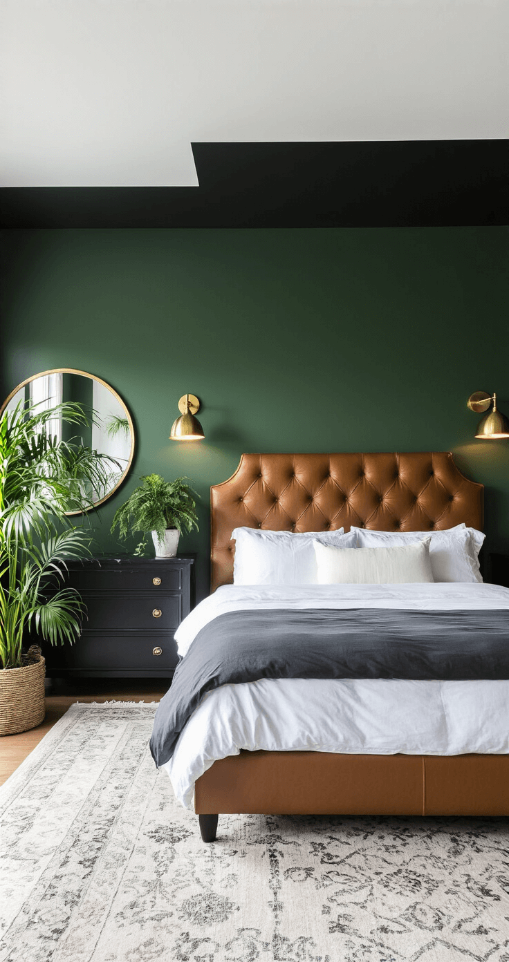 A luxurious bedroom featuring deep emerald green walls, a high-gloss black ceiling, and an elegant king-size bed with a cognac leather headboard, illuminated by oversized brass sconces and a statement chandelier, with lush potted palms adding to the dramatic décor.