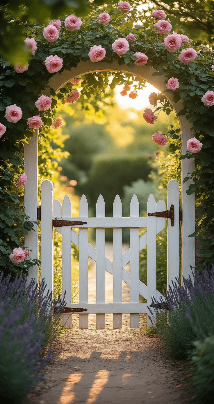 Cottage Garden Gates: Your Gateway to Enchanting Outdoor Spaces A sun-drenched garden entrance with a weathered white picket gate draped in soft pink David Austin roses, surrounded by lavender and cottage perennials, captured at golden hour with dappled sunlight filtering through foliage, featuring patina copper hardware and a vintage latch.