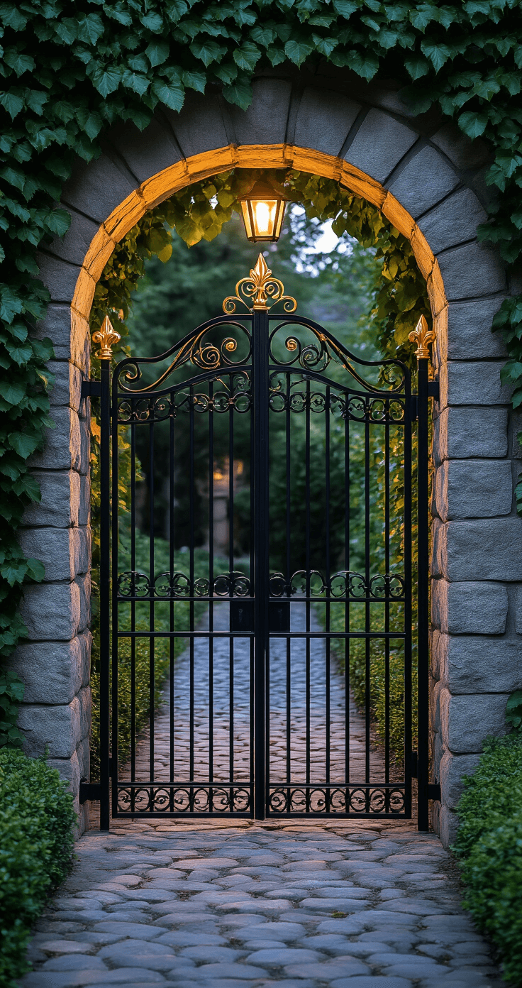 Cottage Garden Gates: Your Gateway to Enchanting Outdoor Spaces A matte black wrought iron gate with gold-tipped finials, framed by English ivy and climbing hydrangea, is illuminated by warm landscape lighting against a 6-foot stone wall, leading to a cobblestone path and a hidden garden, all captured in moody twilight with shallow depth of field.