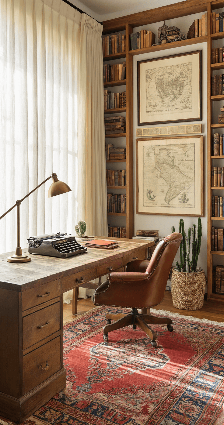 A cozy home office featuring floor-to-ceiling bookshelves, a large reclaimed wood desk with a vintage typewriter, and a reading chair beside a brass lamp, all illuminated by warm afternoon light filtering through sheer curtains.