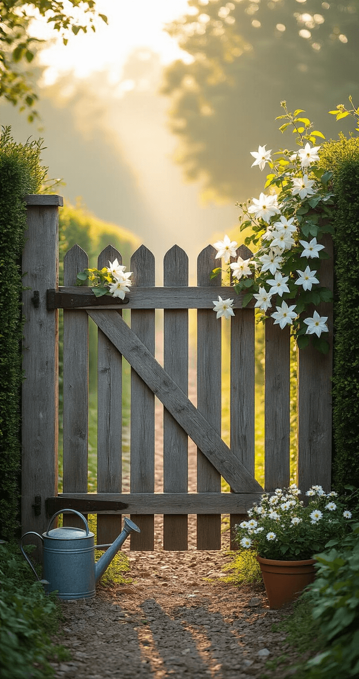 Cottage Garden Gates: Your Gateway to Enchanting Outdoor Spaces Morning light filters through a rustic wooden gate made of reclaimed barn wood, adorned with white clematis, surrounded by a privet hedge. The low angle captures dewdrops on flowers, vintage watering can, and terracotta pots, all softened by a gentle morning mist.