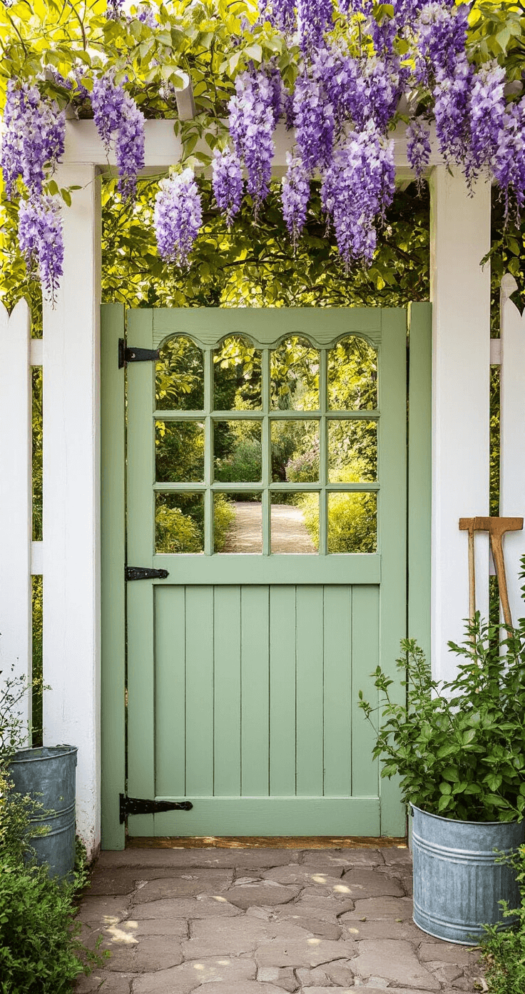 Cottage Garden Gates: Your Gateway to Enchanting Outdoor Spaces A sun-bleached sage green gate with decorative cutout windows, framed by whitewashed posts and draped with purple wisteria, reveals a walking path of mixed herbs through the windows. Vintage garden tools and zinc planters add charm, captured in warm late afternoon light.