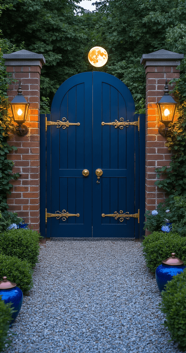 Cottage Garden Gates: Your Gateway to Enchanting Outdoor Spaces Dramatic dusk image of a midnight blue half-moon gate framed by brick pillars, illuminated by garden lights, with climbing New Dawn roses and a gravel path, styled with copper lanterns and blue glazed pottery, creating a moody atmosphere.