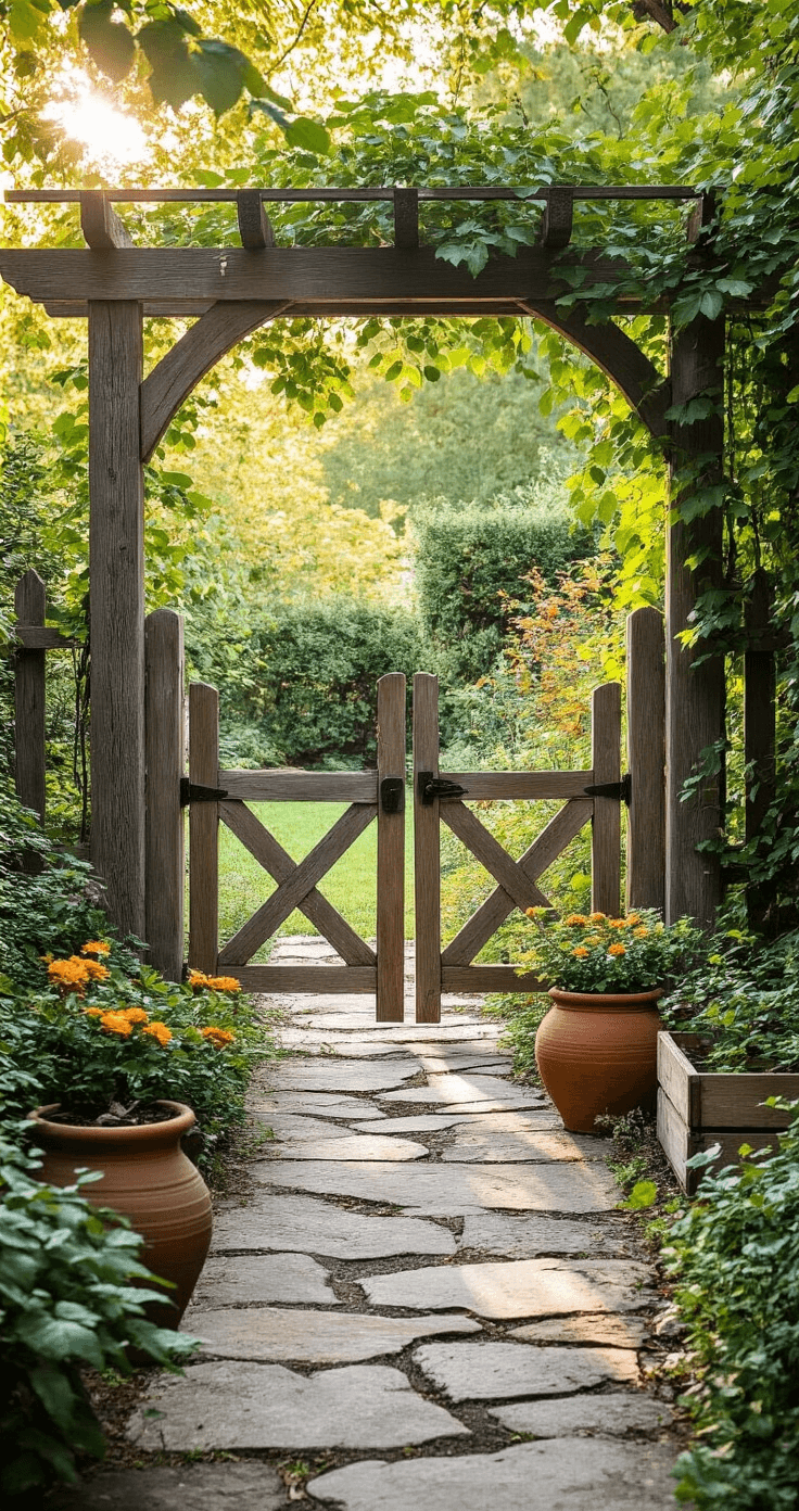 Cottage Garden Gates: Your Gateway to Enchanting Outdoor Spaces A natural cedar gate with a cross-buck design stands 4 feet wide, surrounded by an informal cottage garden and spilling plants along a flagstone path. Sweet autumn clematis intertwines with rough-sawn timber, while vintage terra cotta pots and wooden garden boxes add charm, all captured in soft directional light that highlights organic textures.