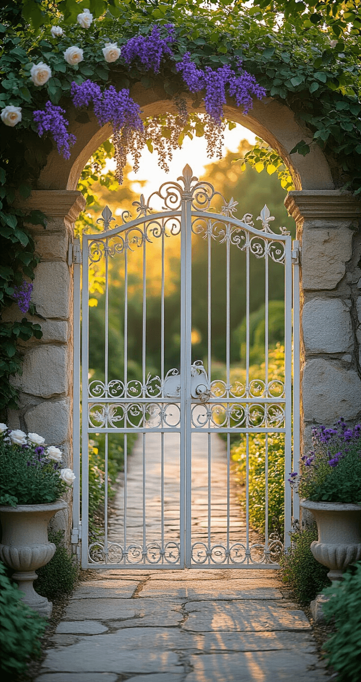 Cottage Garden Gates: Your Gateway to Enchanting Outdoor Spaces Wide-angle shot of an antique white metal gate with intricate scrollwork and fleur-de-lis details, backlit by golden hour sun, framed by stone columns covered in purple passionflower vine, with white garden roses and catmint at the base, complemented by aged stone planters and iron obelisks.