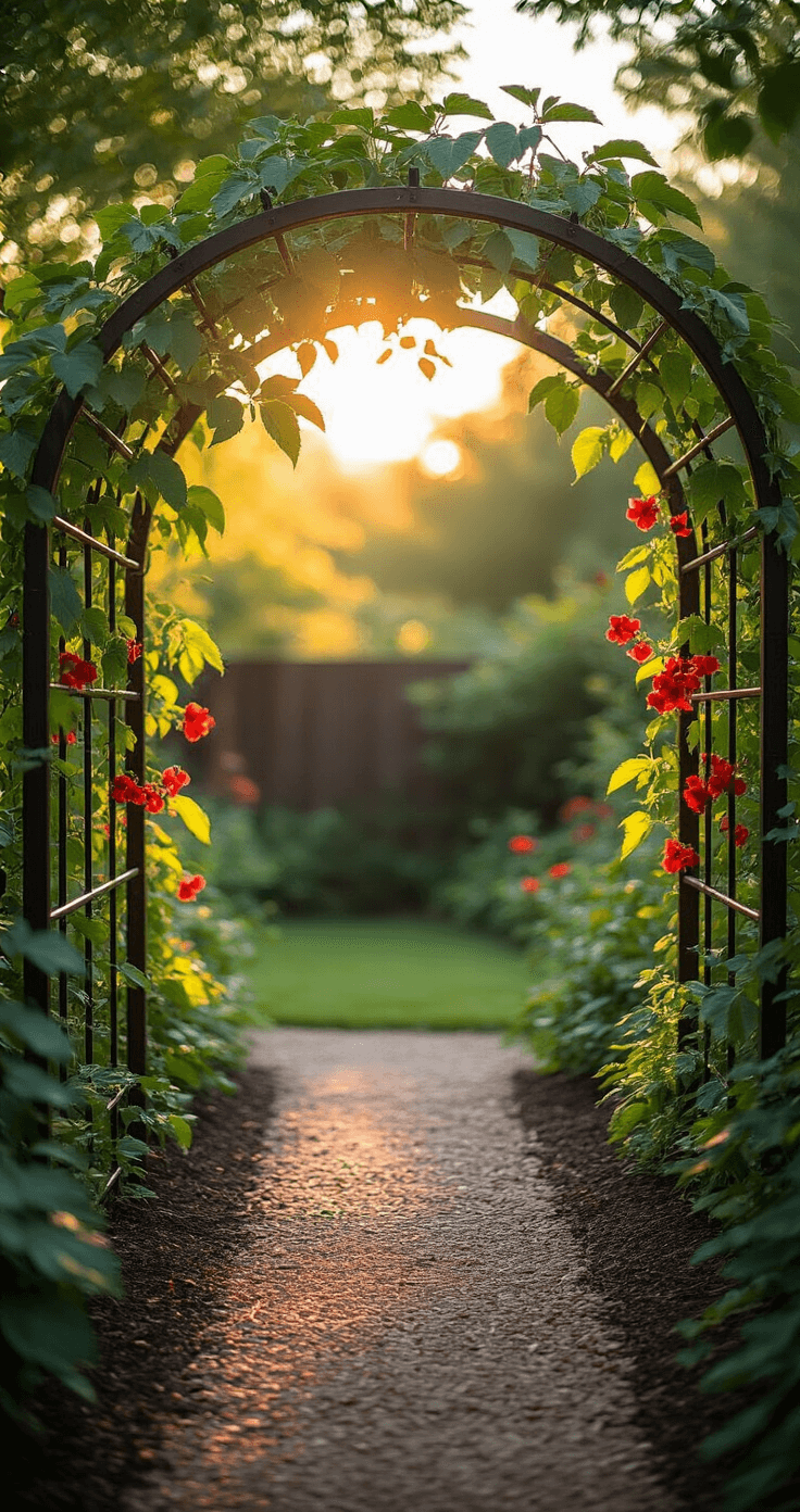 A sunlit backyard features an 8-foot-tall DIY metal cattle panel arch trellis adorned with scarlet runner beans and emerald pole beans, creating a vibrant living canopy. The low angle shot captures the arch's graceful curve against a soft-focus garden background, with dappled sunlight filtering through the foliage and illuminating the mulched pathway below.
