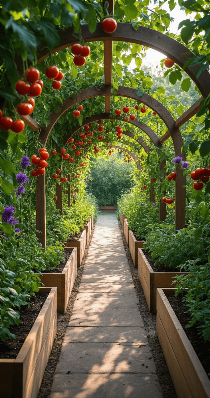 An intimate kitchen garden tunnel formed by three wooden arch trellises draped with cherry tomatoes and passion vines, surrounded by raised cedar herb beds, captured in soft mid-morning light.
