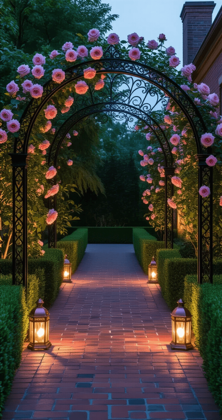 A romantic dusk scene of a formal garden featuring a 9-foot-tall Victorian-style wrought iron arch trellis entwined with pale pink 'New Dawn' climbing roses, framed by symmetrical boxwood hedges and illuminated by copper garden lanterns, casting dramatic shadows on a brick-paved courtyard.