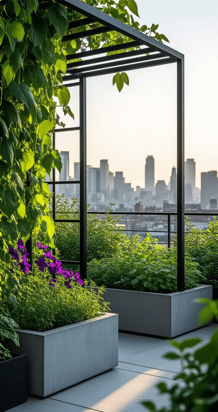 A contemporary metal arch trellis in an urban rooftop garden, featuring cucumber vines and purple clematis, with modern concrete planters of trailing herbs. The city skyline is visible in the background, bathed in morning light highlighting the plants and architectural details.