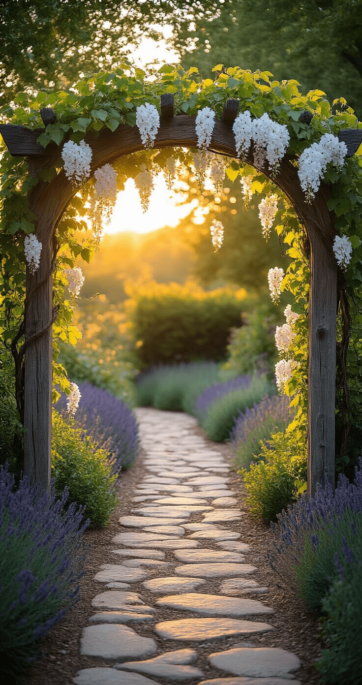 A rustic garden archway made of weathered cedar posts draped in grapevines and white wisteria blooms, photographed during golden hour from ground level, with a stone pathway and lavender plants visible, illuminated by backlighting and side lighting.