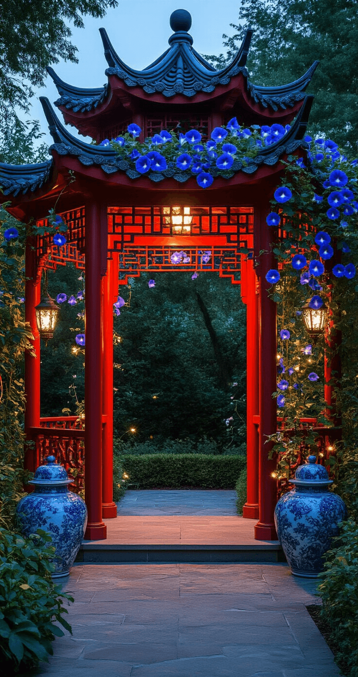 Chinoiserie-inspired garden arch at twilight, featuring an 8-foot red-painted pagoda-style structure adorned with midnight blue morning glories and moonflowers, surrounded by Asian ceramic planters and bronze lanterns. The scene is illuminated with dramatic uplighting and ambient string lights, emphasizing symmetry and architectural details in an exotic, mysterious mood.