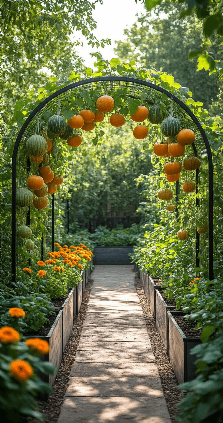 A lush kitchen garden featuring a 6-foot aluminum arch supporting heavy-fruiting melons in mesh slings, surrounded by dense luffa gourds and tomatillos, with raised metal beds of companion marigolds and basil, all illuminated by diffused midday light through shade cloth.
