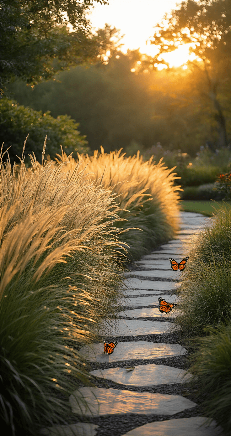 A vibrant backyard landscape at golden hour features a 20-foot ornamental grass border with towering switchgrass, flowing fountain grass, and little bluestem, all illuminated by warm golden light. A natural stone path winds through the scene, with soft bokeh on background trees and monarch butterflies resting on the grass.