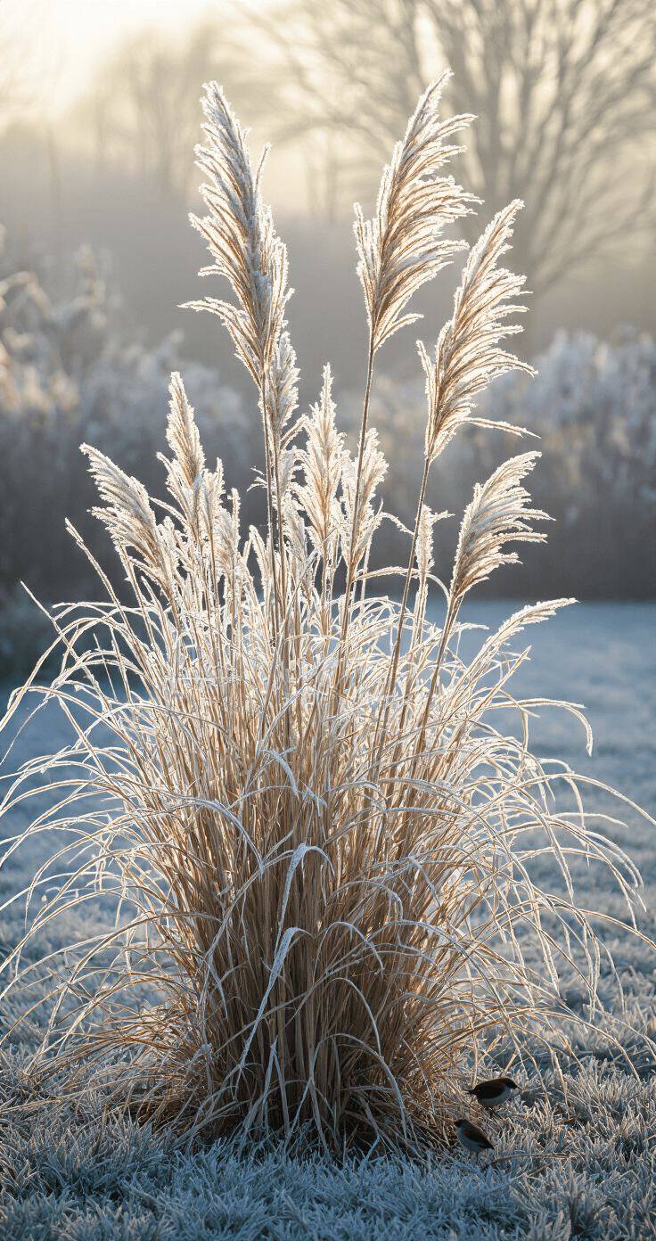 A winter garden scene at 7am featuring frost-covered ornamental grasses, including 5' tall miscanthus with ice formations, illuminated by the morning sun creating prismatic effects, and small birds foraging among the stalks in a monochromatic palette of silver, white, and pale gold.
