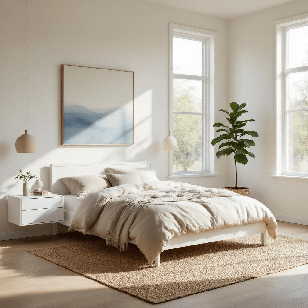 Minimalist bedroom with a NORDLI bed, serene beige and cream bedding, MALM nightstands, abstract art, jute rug, and a fiddle leaf fig, illuminated by morning light through large windows.