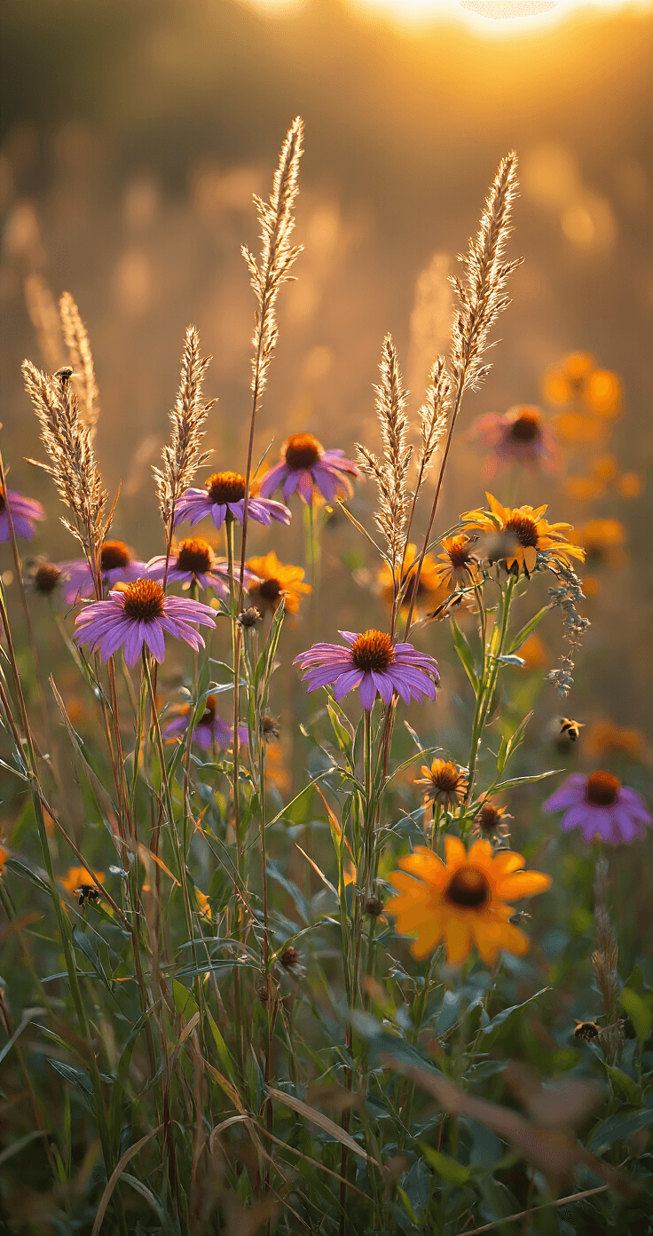 Intimate garden scene with vibrant fall colors, featuring little bluestem grasses in copper-red hues, purple coneflowers, and golden rudbeckia, captured in warm afternoon light. Shallow depth of field isolates key grass clumps, while native bees can be seen on the flowers amidst a naturalistic composition.