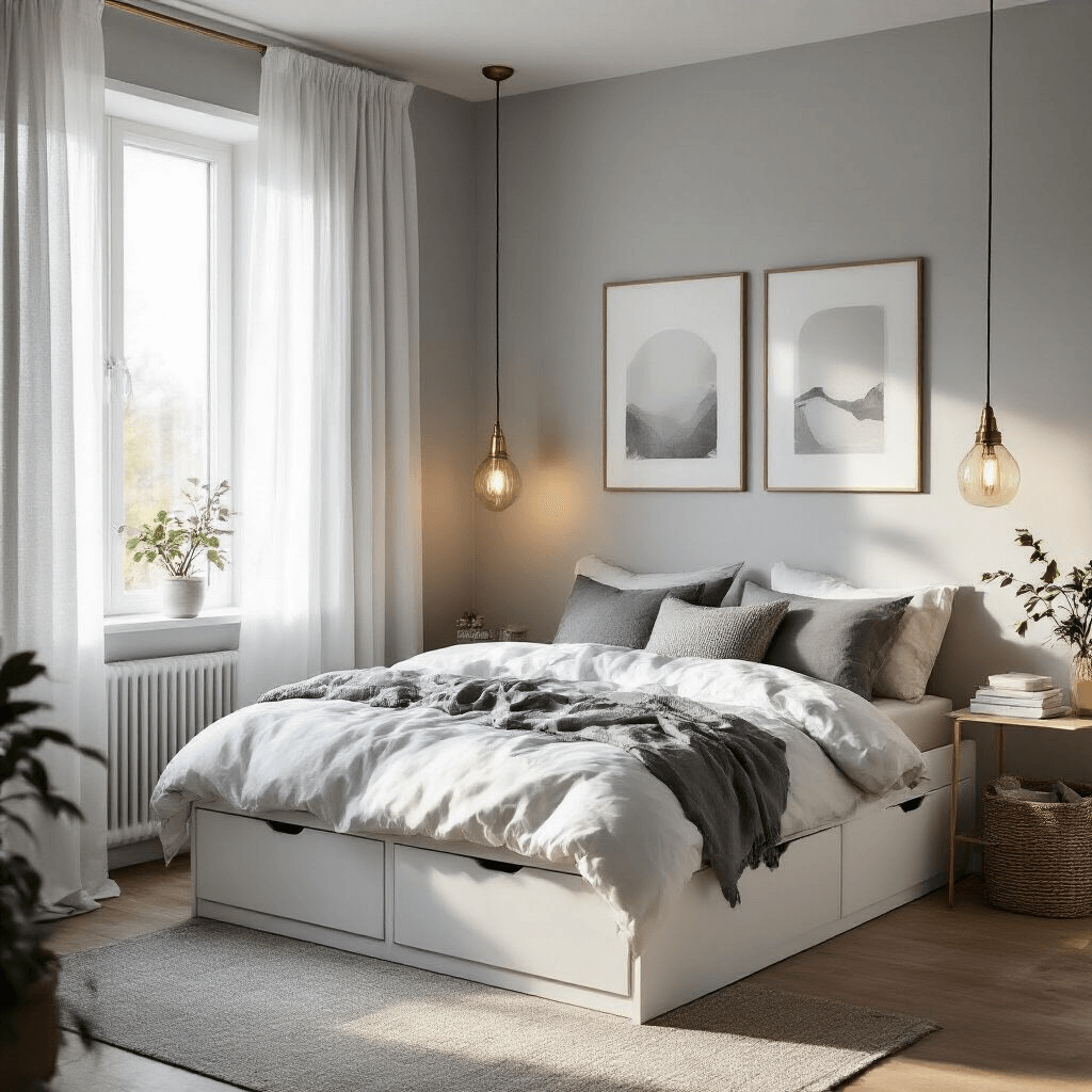 Cozy small bedroom with a BRIMNES bed and storage drawers against a light gray wall, styled with a cloud-white duvet and gray accent pillows. Sheer white curtains cover the window, and a vertical EKBY shelving system enhances corner space. A brass pendant light casts a warm glow over a monochromatic artwork grouping above the bed, creating an intimate atmosphere during golden hour.