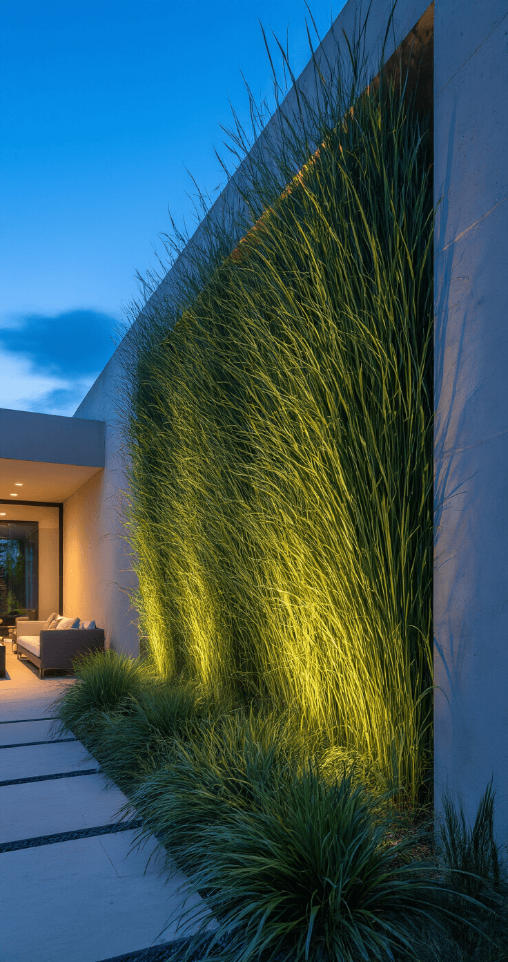 Dramatic blue hour shot of a modern courtyard garden featuring tall Ravenna grass along geometric concrete walls, illuminated by LED uplighting, with sleek furnishings contrasting organic forms and emphasizing height and scale.