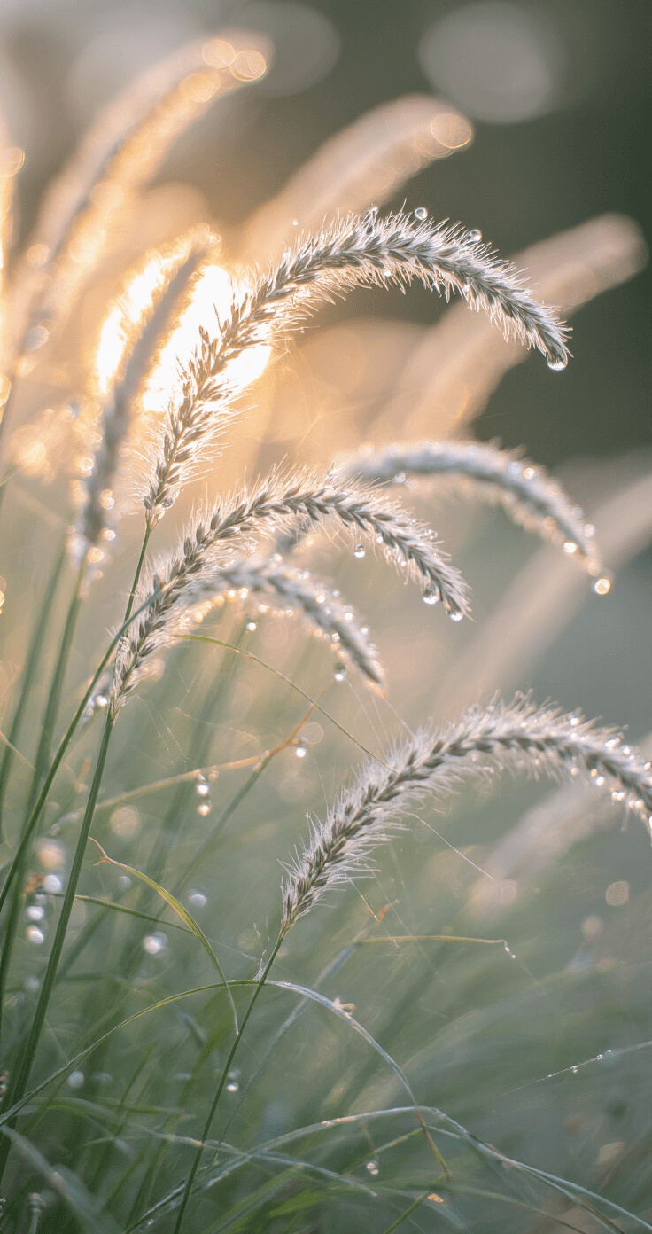 Morning garden scene featuring a close-up of fountain grass plumes adorned with dew drops, illuminated by the rising sun, highlighting intricate details of grass flowers, silver-green foliage, and translucent spider webs, evoking a dreamy, ethereal mood.