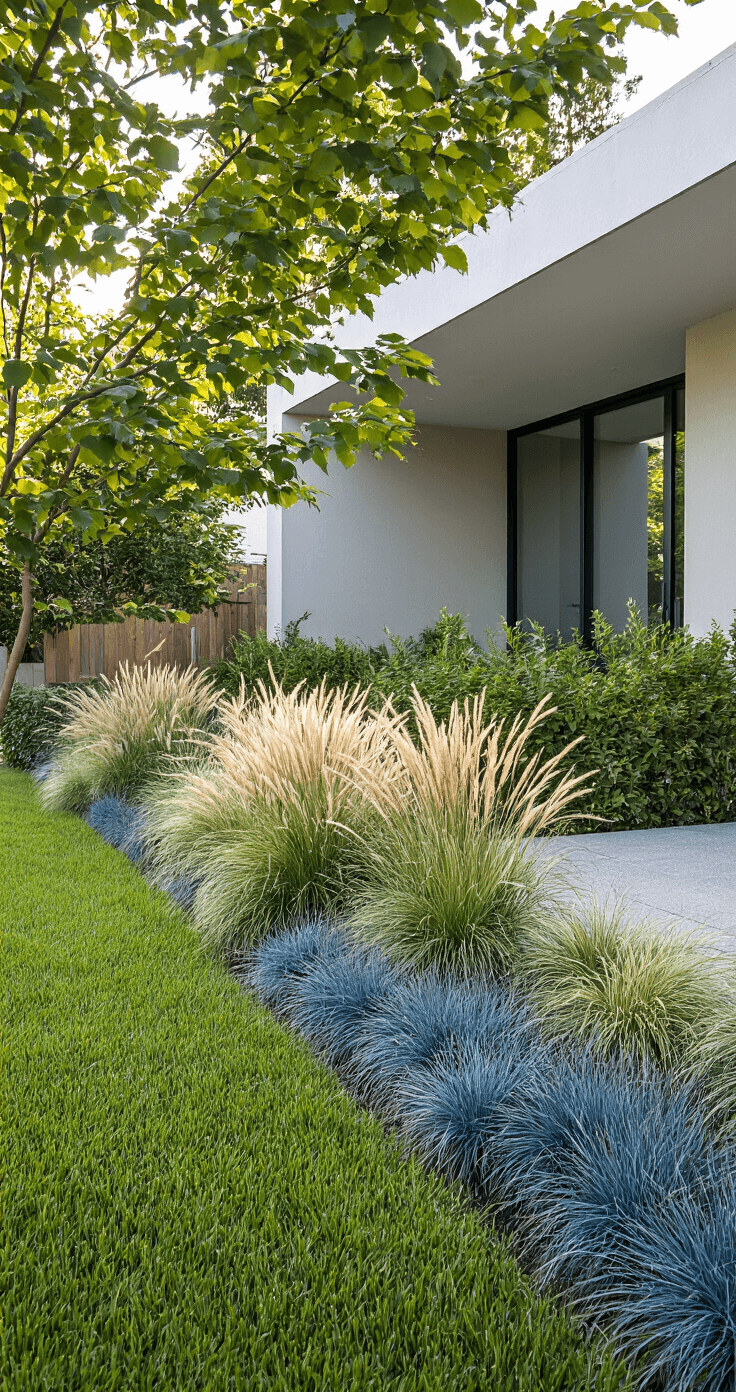 A mid-morning residential front garden showcasing a mixed ornamental grass border with feather reed grass, maiden grass, and blue fescue, layered for privacy against the street, with a modern home featuring clean lines and rich textural details in foliage, highlighting the contrast between horizontal architectural elements and vertical grass.