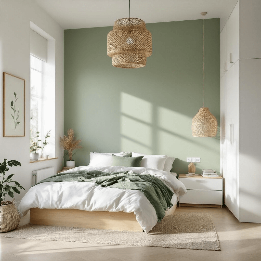 A modern Scandinavian bedroom featuring a white NORDLI modular storage system on a pale sage green accent wall, with a natural wood platform bed dressed in white linens and sage throws, illuminated by afternoon light through a rattan pendant light casting geometric shadows, complemented by minimal artwork and an oversized mirror.