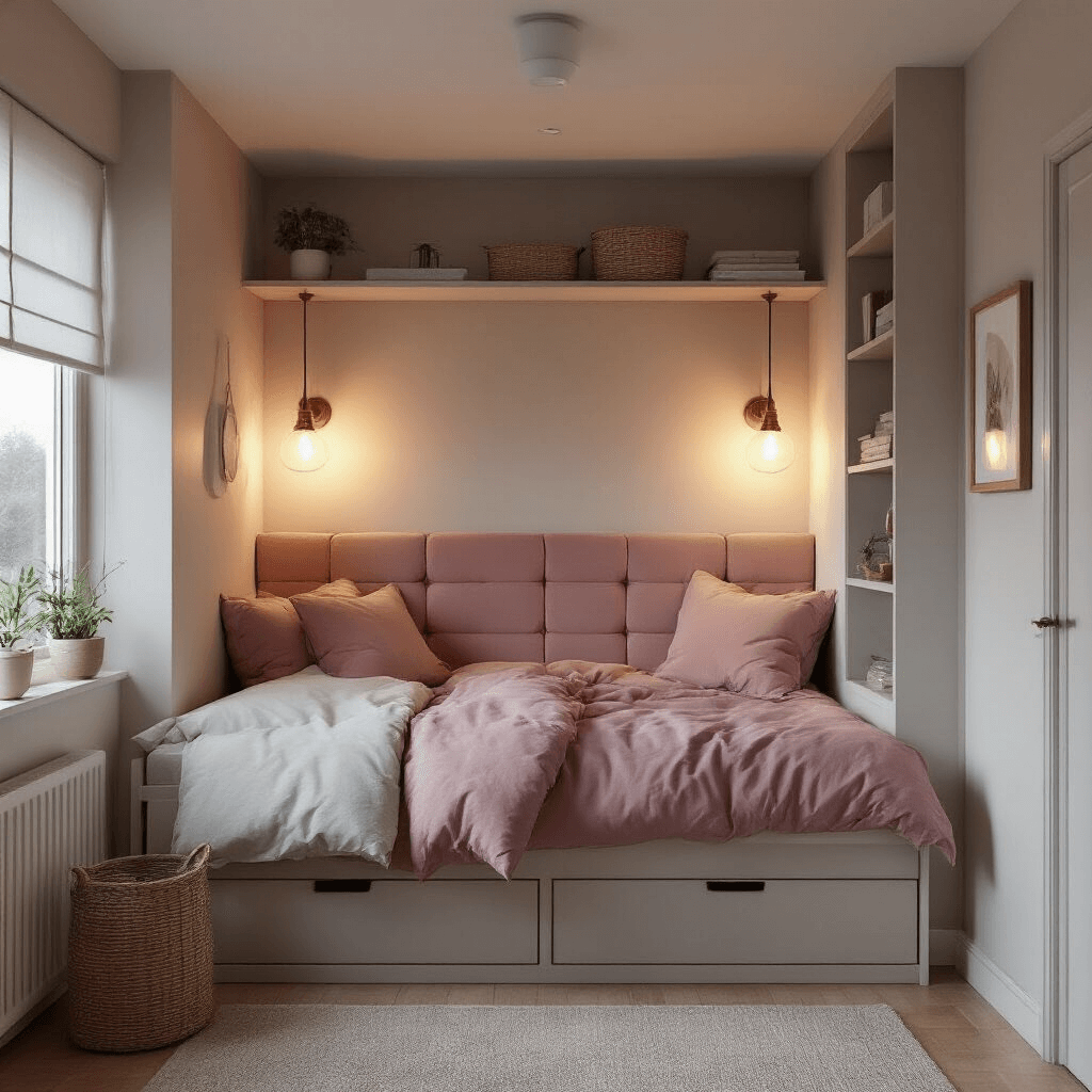 Compact studio bedroom nook featuring a BRIMNES bed with headboard storage, vertical storage solutions, and a neutral palette with dusty pink accents, all illuminated by soft, ambient lighting at twilight.