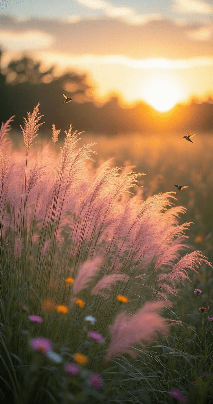 A sunset garden scene featuring a meadow of mixed native grasses, including ethereal pink muhly grass and sturdy switchgrass, bathed in golden hour light. Scattered wildflowers add pops of color, while several hummingbirds flutter among the grasses, creating a romantic and atmospheric mood.